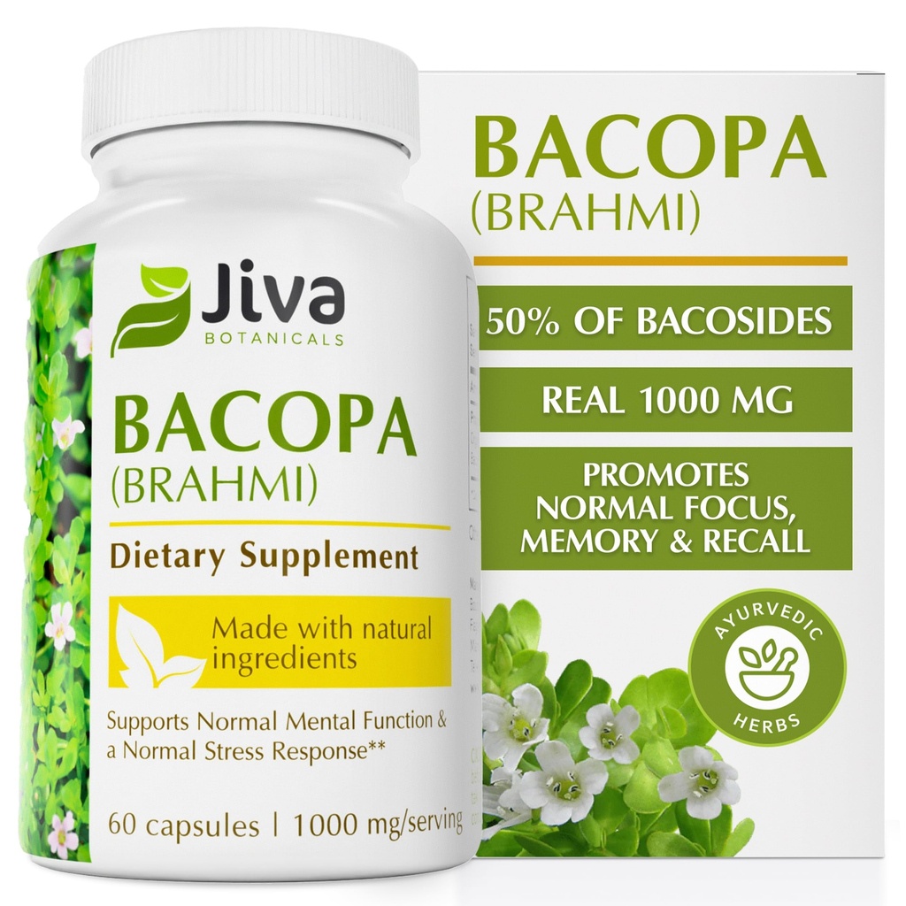 Jiva Botanicals Bacopa Monnieri サプリメント 純粋な 1000 mg per サービング - 高効力 Bacopa Monnieri (Brahmi) & 通常の脳のための抽出, フォーカス, & メモリ サポート - Ayurvedic ハーブ - 60 カプセル