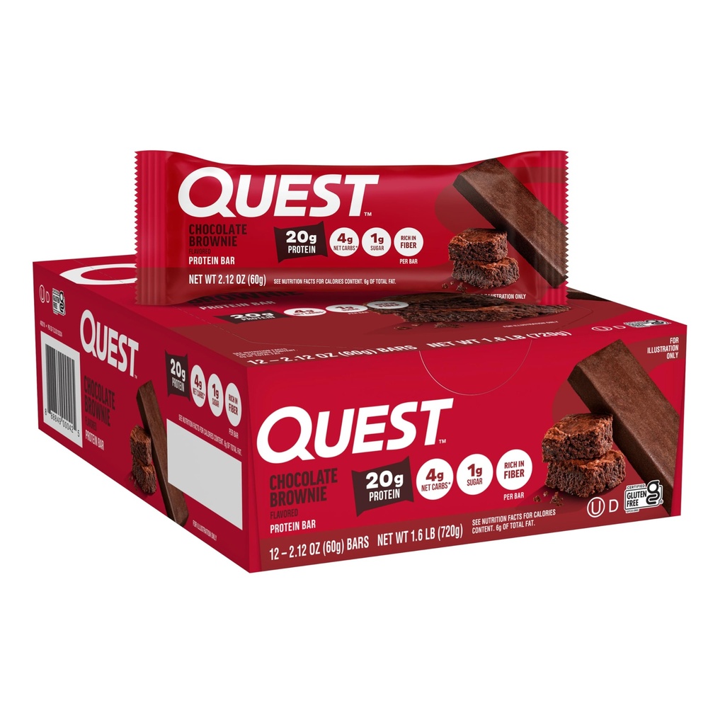 Quest Nutrition Chocolate Brownie Protein Bar, 20g Protein, 1g Sugar, 4g Net Carb, グルテンフリー, グルテンフリー, 12カウント