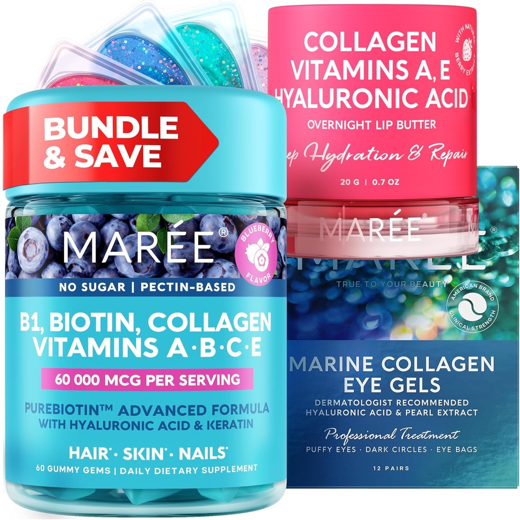 MAREE Bundle - Vitamin B1 Thiamine Gummies, Lip Mask, Under Eye Gels - A, E, D, C Vitamins - Collagen & Hyaluronic Acid - Complex for Skin, Nails, Hair - Mask for Dry Lips - Gels for Puffy Eyes