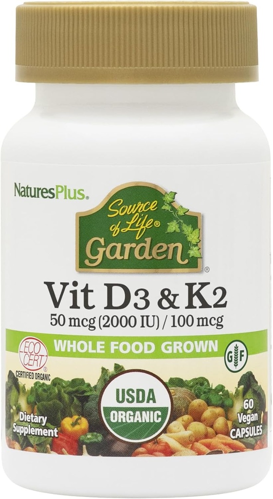 Natures Plus Source of Life Garden Vitamin D3 & K2-60 Vegan Capsules - Promotes Bone Support, Immune Function, Cardiovascular Health & Mood Balance - Vegan, Gluten Free - 60 Servings