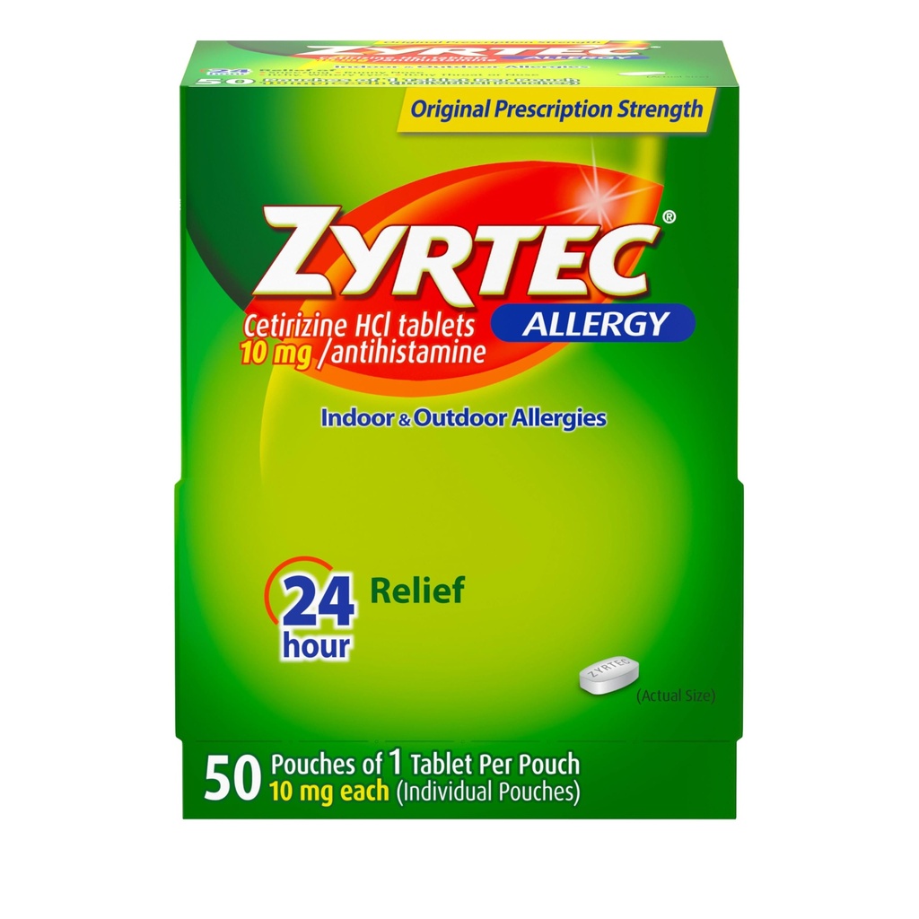 Zyrtec 24時間のアレルギーの救助のタブレット、個人的に10のmg CetirizineのHClの10のmg Cetirizineの屋内および屋外のアレルギーの薬を、Antihistamineのタブレット、パックごとの1錠、50のctの分配のパック包みます