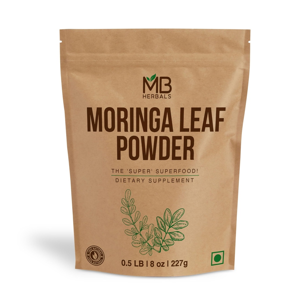 MBハーブモリンガリーフパウダー8オンス(227g / 0.5LB) | 100%ピュアモリンガパウダー | ドリンク&スムージーで簡単にミックス | 防腐剤なし