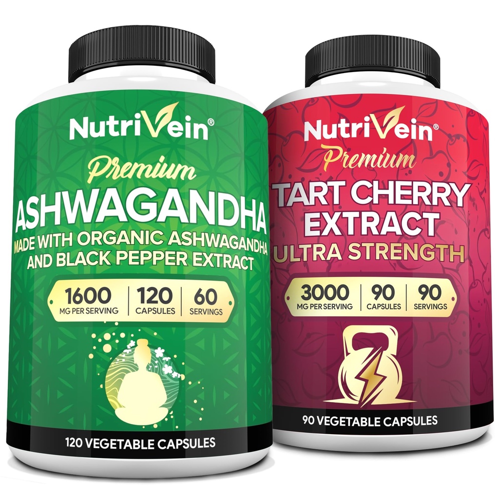 Nutrivein Premium Ashwagandhaカプセル&タルトチェリーカプセルバンドル:高吸収タルトチェリーエキスとアシュワガンダは、回復、バランス、および死亡のためのサプリメント