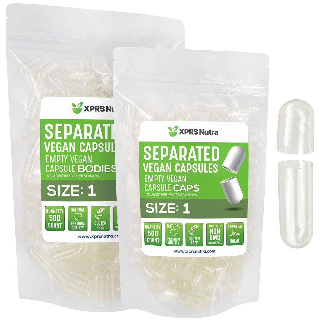 XPRS Nutraビーガンサイズ 1 分別カプセル - 500 カウントプレミアム空のカプセルは、バッグで分離 - クリアピルス1 DIYのサプリメントの充填のための空の