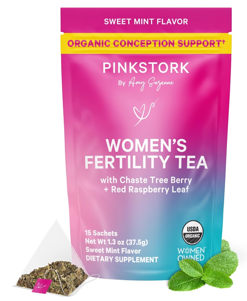 ピンクストーク オーガニック 女性の豊饒茶 | チャステ・ツリー・ベリー(Vitex)+ レッド・ラズベリー・リーフ | ホルモン・バランス・ハーブティー・フォー・コンセプト・サポート | オーガニック・カフェイン・フリー・スウィート・ミント、15 サチェット
