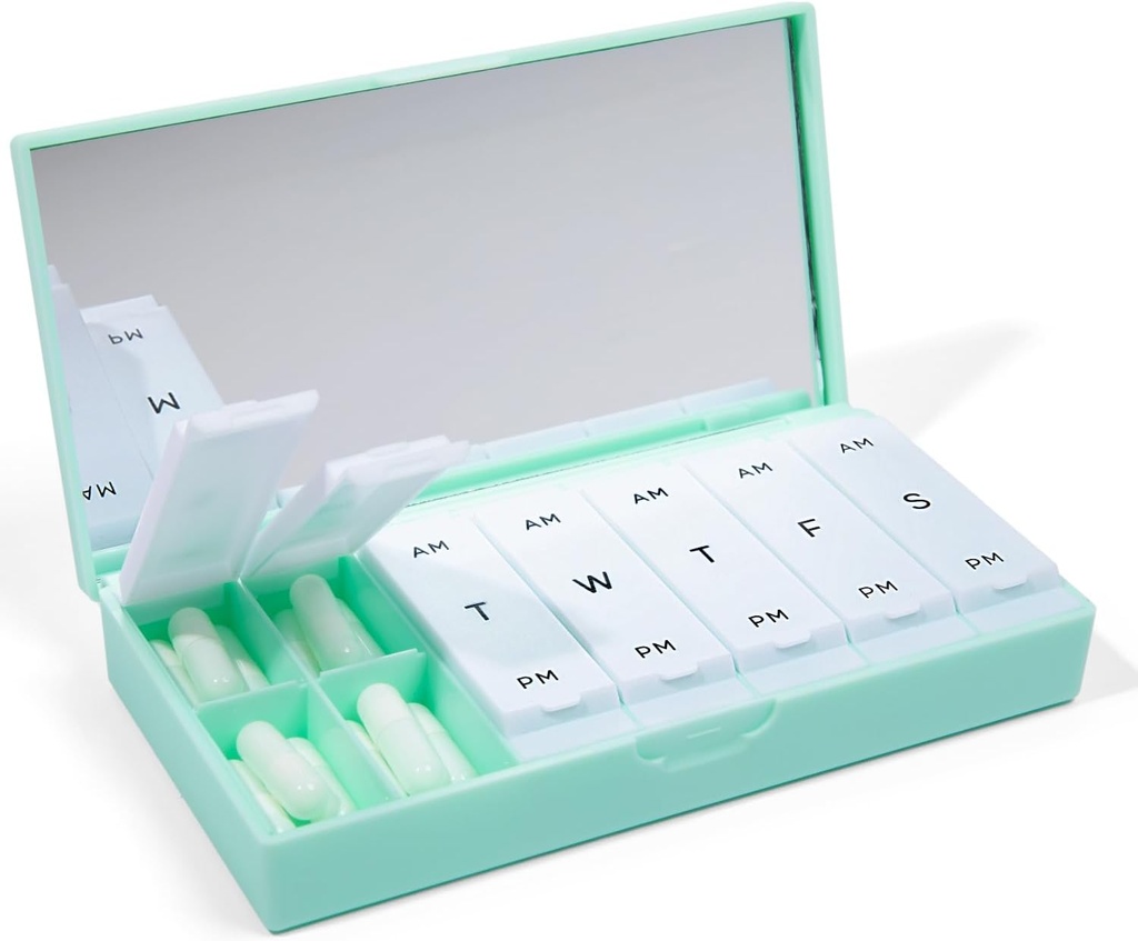 PORT X POLISH Designer Weekly Pill Box Organizer (AM/PM 2X Daily, Mint) | コンパクトでスタイリッシュな7日間ビタミンサプリメントケース | かわいいポータブルミニ旅行薬キャリア | BPAフリーピルボックスキャディー