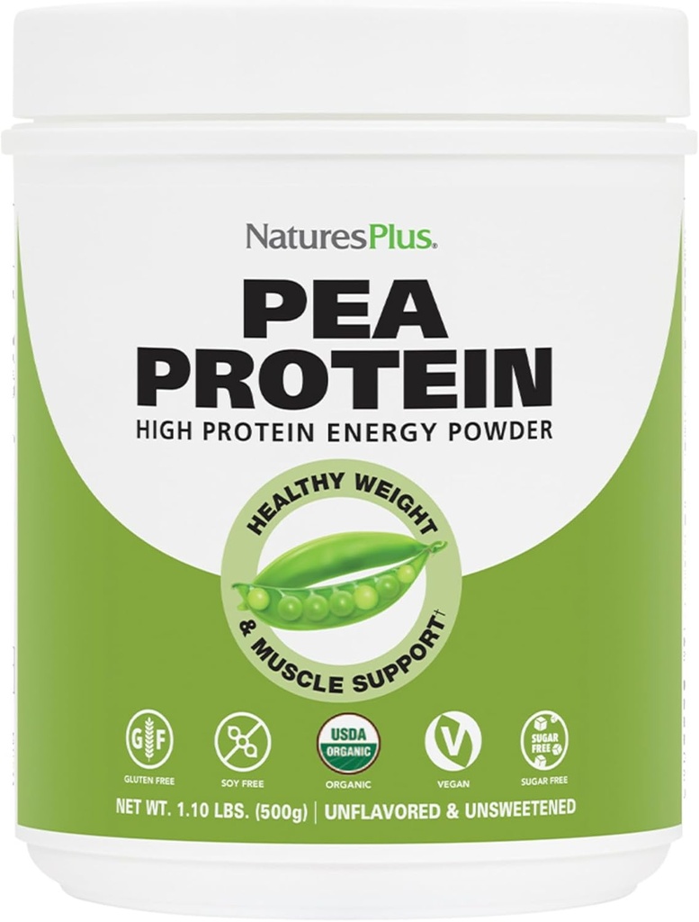 Natures Plus Organic Pea Protein - 1.1 lbs, ビーガンドリンクパウダー - High Energy Protein Powder, Hunger Suppressant, Muscle Builder, 心の健康を促進します - Non-GMO, ベジタリアン, グルテンフリー - 25 サービング