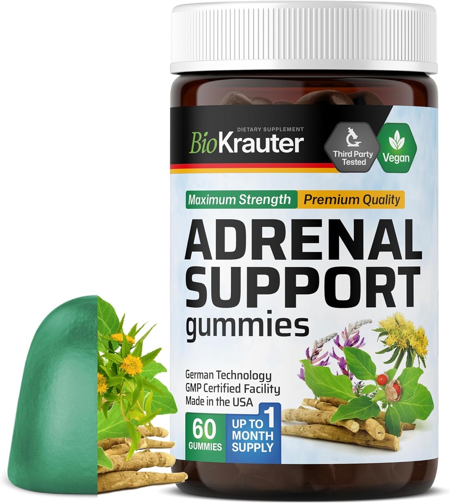 BIO KRAUTER Adrenal Support Gummies - 60 Chews - Rhodiola & Ashwagandha ビタミンC、B6、B12 - ビーガン気分のサポートサプリメント