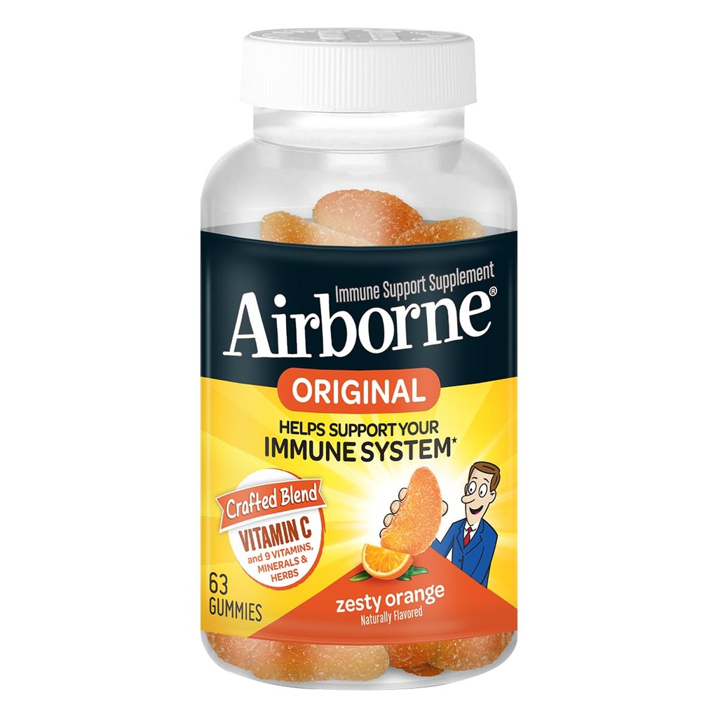 エアボーンビタミンC 750mg(給餌ごとに) ゼスタイオレンジ風味のガミー(63カウントボトル)、ビタミンA C E、セレン、エキナセア&ジンジャーとグルテンフリー免疫サポートサプリメント