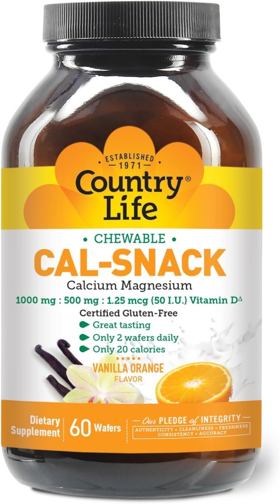 カントリーライフ Cal-Snack、Chewable Calcium、ビタミンD、1000mg/500mg/50 IU、酪農場なし、バニラオレンジ味、60のウエファー、認定グルテンフリー、認定ビーガン