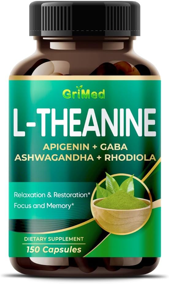 GriMed L-Theanine 11,900mg- X10 Apigenin、GABA Ashwagandha、Rhodiola - リラクゼーションと復元焦点とメモリ - アメリカ製(150カウント)