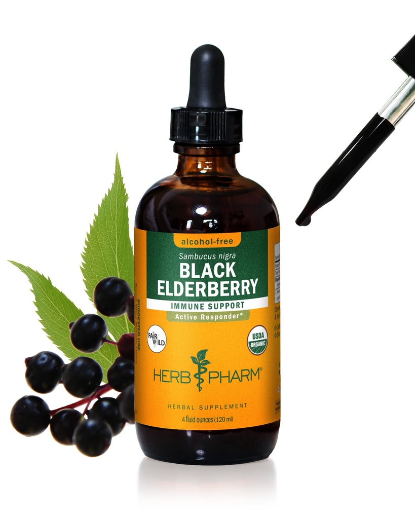ハーブ Pharm は免疫システム サポートのための有機性黒の Elderberry の液体のエキス、アルコールなしのグリセライト、4 の Ounce を証明しました
