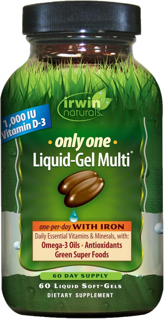 Irwin Naturalsは1つの液体ゲルの多60のSoftgelsだけ-鉄、オメガ3オイル、酸化防止剤及び緑の極度の食糧が付いている1日あたりのMultivitamin