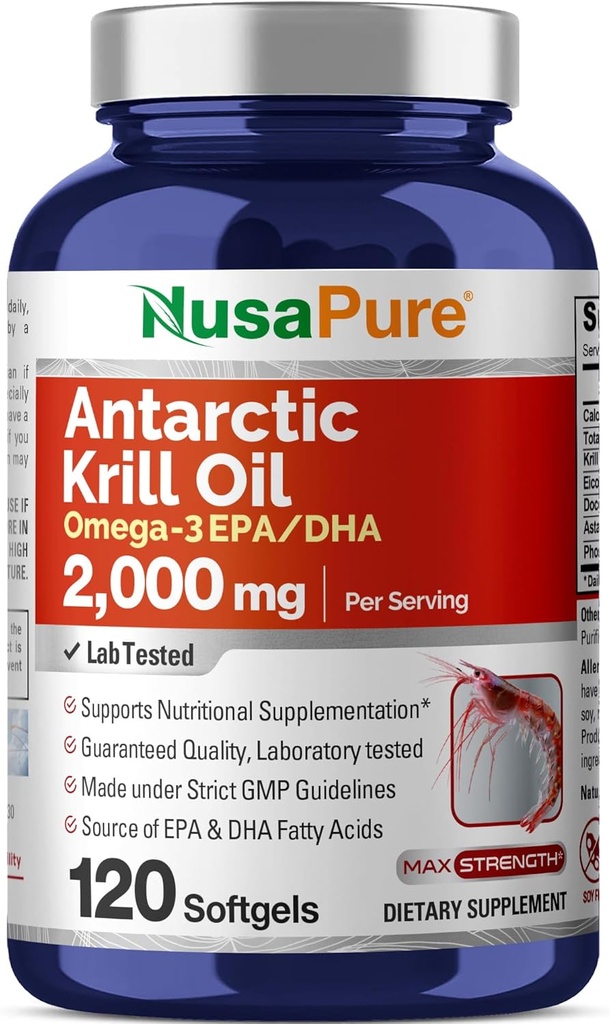 NusaPureのAntarcticのKrillオイル2000のmg 120のSoftgels、Omega-3 EPA 360mg、DHA 240mgのKrill 800ppmから源づく大豆の補足