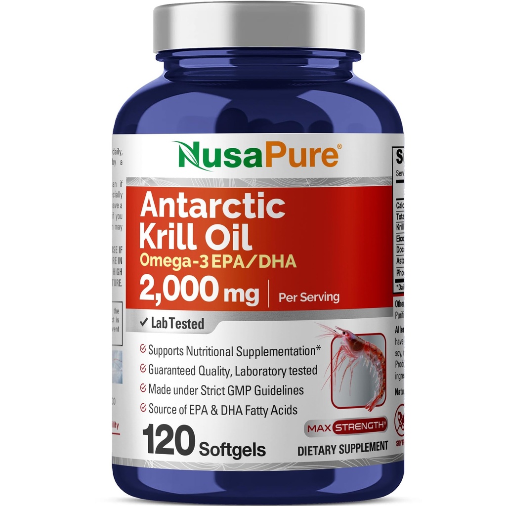 NusaPureのAntarcticのKrillオイル2000のmg 120のSoftgels、Omega-3 EPA 360mg、DHA 240mgのKrill 800ppmから源づく大豆の補足
