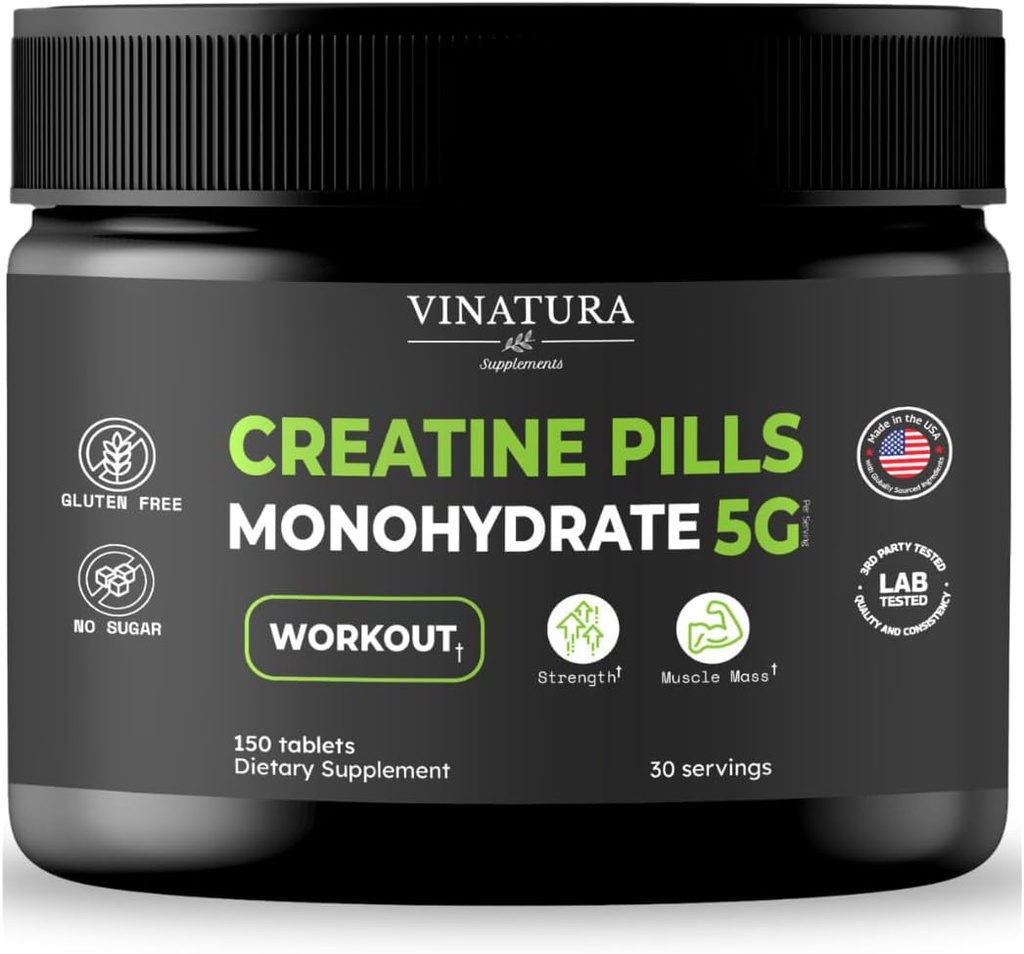 VINATURAのクレアチンの一水化物の丸薬5g -クレアチンのタブレット、人、女性のためのクレアチンの丸薬、クレアチナのカプセルラ*米国は及びテストしました* Unflavoredのクレアチンのモノハイドの粉のaltの150のタブレット30のサービング