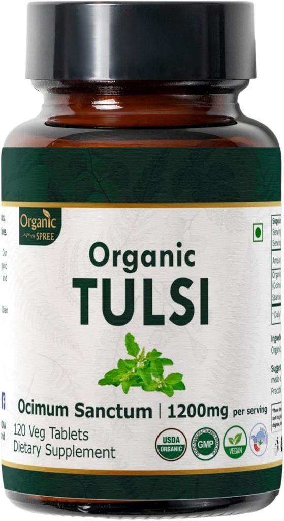 Tulsi 120 Tablets – USDA Organic Holy Basil – Supports Stress Relief & Adaptogenic Balance | Dietary Supplement120tab