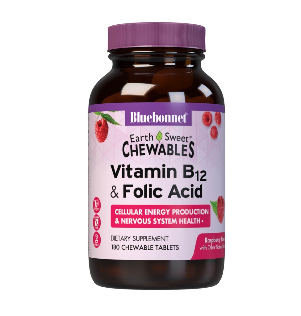 Bluebonnet栄養地球甘いビタミンB12 1000 mcg&葉酸400mcg脳の健康&女性のためのエネルギー*ビタミン - ビーガン、グルテンフリーラズベリーB 12ビタミン - 180Chewable錠