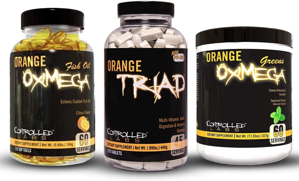 管理された LABS の束は Orang Triad、オレンジ Oximega の緑 Spearmint、および 120 の Ct のオレンジ Oximega の魚油 Softgels の 45 のサービングを含んでいます
