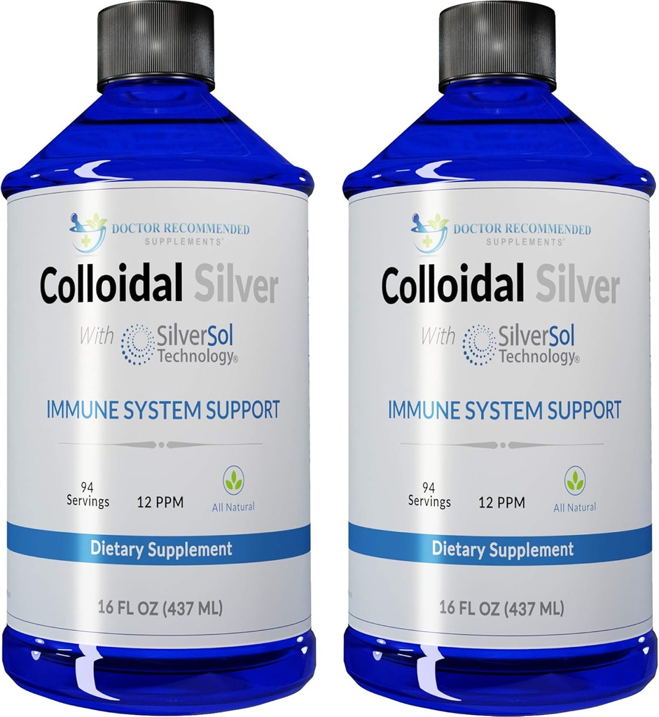 Colloidal Silver Liquid - 12 PPM Premium Silver Solution, 60 MCG Per Serving, All Natural, Vegan Immune System Support, Ionic Silver Water Daily Mineral Supplement (2-16 Fl oz Bottles)