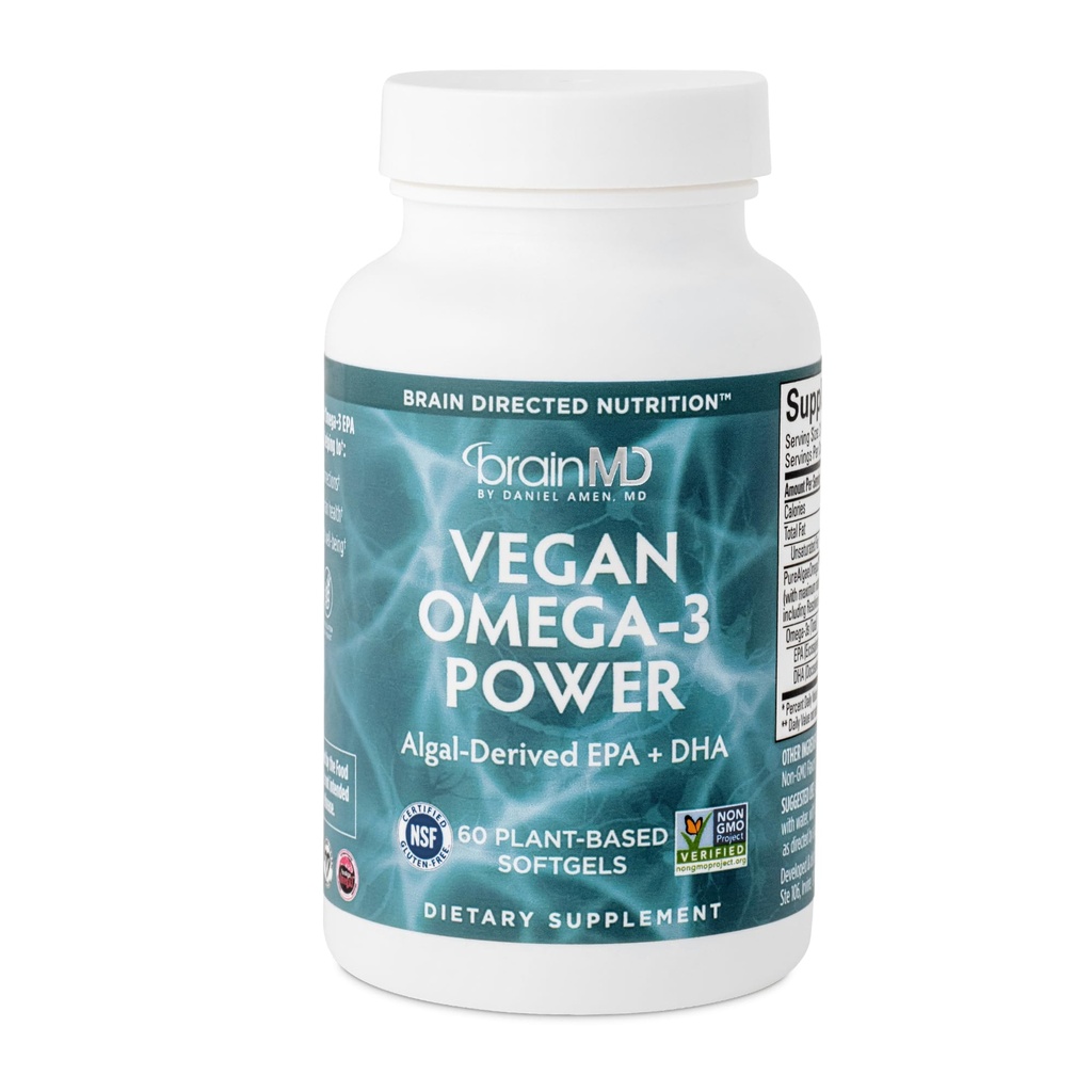 BRAINMD博士Amenビーガンオメガ-3パワー - 60植物ベースのSoftgels - 1,100 EPAのmg&DHA - サポートフォーカス、メモリ&ハート健康 - ビーガン、グルテンフリー&非GMO - 30のサービング