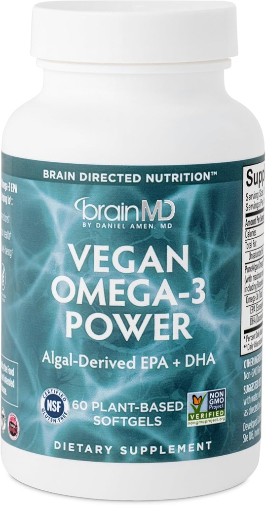 BRAINMD博士Amenビーガンオメガ-3パワー - 60植物ベースのSoftgels - 1,100 EPAのmg&DHA - サポートフォーカス、メモリ&ハート健康 - ビーガン、グルテンフリー&非GMO - 30のサービング