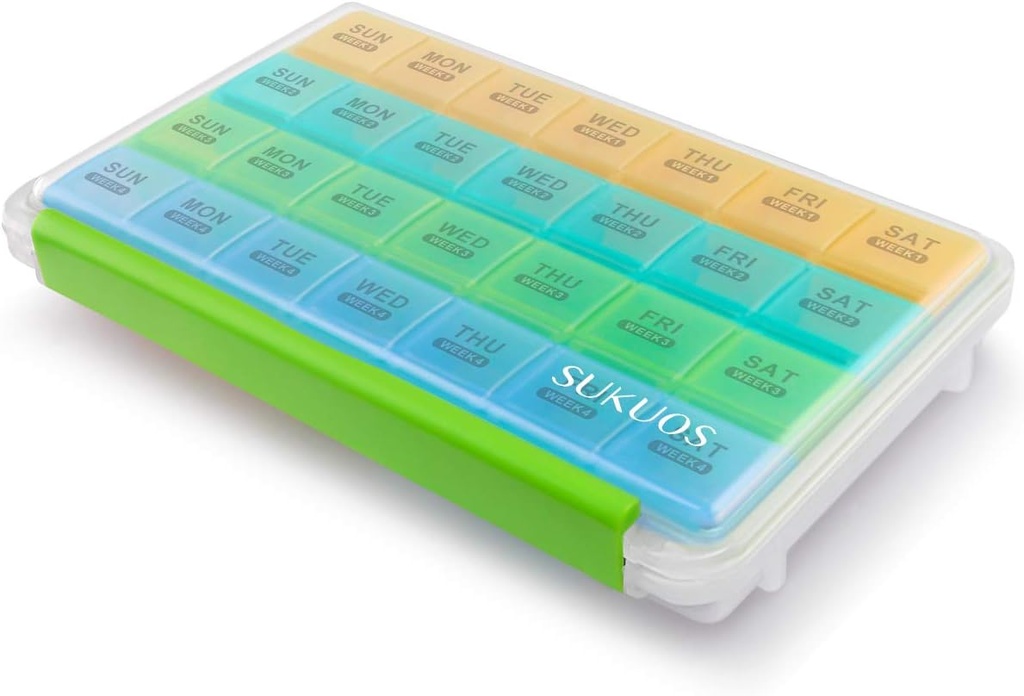Sukuos 毎月の丸薬のオルガナイザー 28 日簡単に開く, 大規模な水分耐性ピュア防止ボックスとビタミン/魚油/サプリメントのための明確な蓋