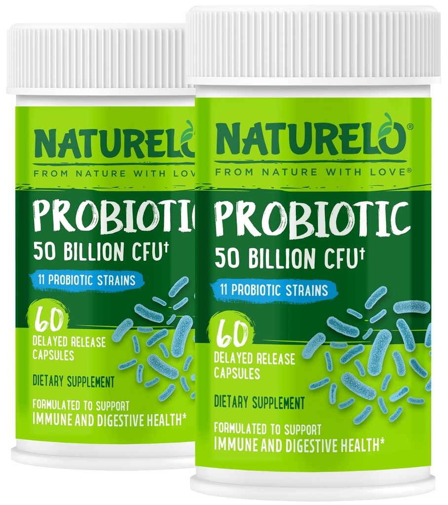 消化器の健康のためのNATURELOのプロバイオティクス - 50ビリオンCFU、11の緊張、毎日の使用の補足 - 免疫システム、遅れた解放、冷却装置、60のベジタリアンのカプセル(パッケージ2)