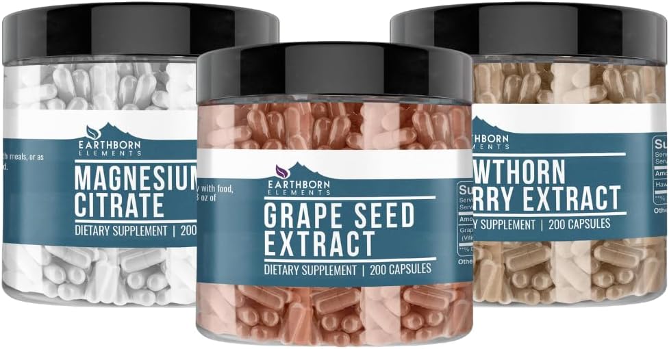 アースボーン要素ホーソンベリー、グレープシード、およびマグネシウムクエン酸塩バンドル(200キャップ)、ピュア&無希釈、無添加