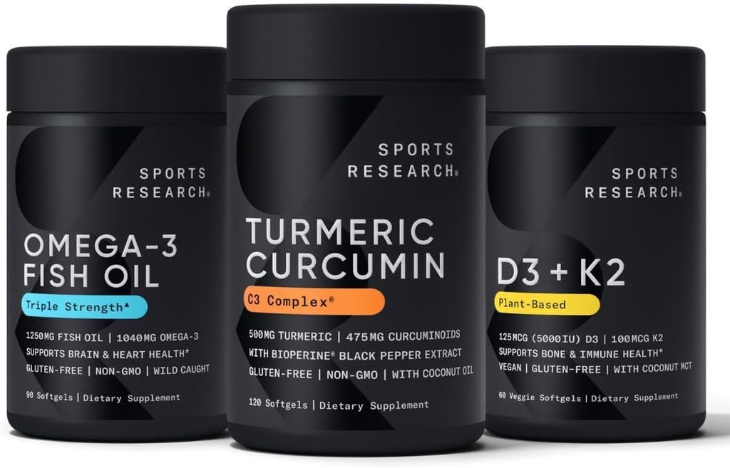 スポーツ研究ワイルドアラスカポロックオメガ3フィッシュオイル90ソフトゲル(1250mg)、ターメリッククルクミンC3コンプレックス(120ソフトゲル)、ビーガン5000 IUビタミンD + 100mcg Mk7ビタミンK(60ソフトゲル)