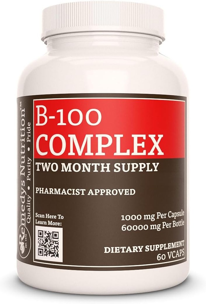 Remedyの栄養ビタミンB-100コンプレックス|1,000mg、60ビーガンカプセル栄養補助食品  2ヶ月の供給