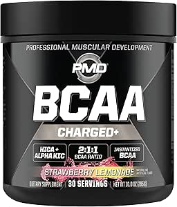 PMD Sports BCAA Charged Amino Acid Drink Mix for Performance, Recovery, Endurance, and Hydration - Increase Muscle Function for Workout and Daily Energy - Strawberry Lemonade (30 Servings)