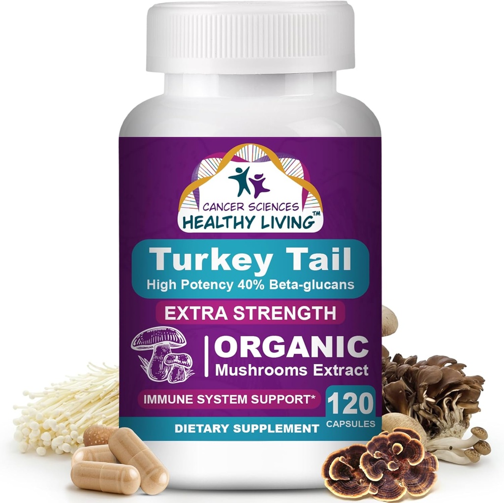 CANCER SCIENCES Turkey Tail Wellness Mushrooms Supplement, USDA Certified Organic Extract, Extra Strength 1,500 mg, High Potency 40% Beta-Glucans, Gut & Immune Support, Natural Digestive, 120 Capsules