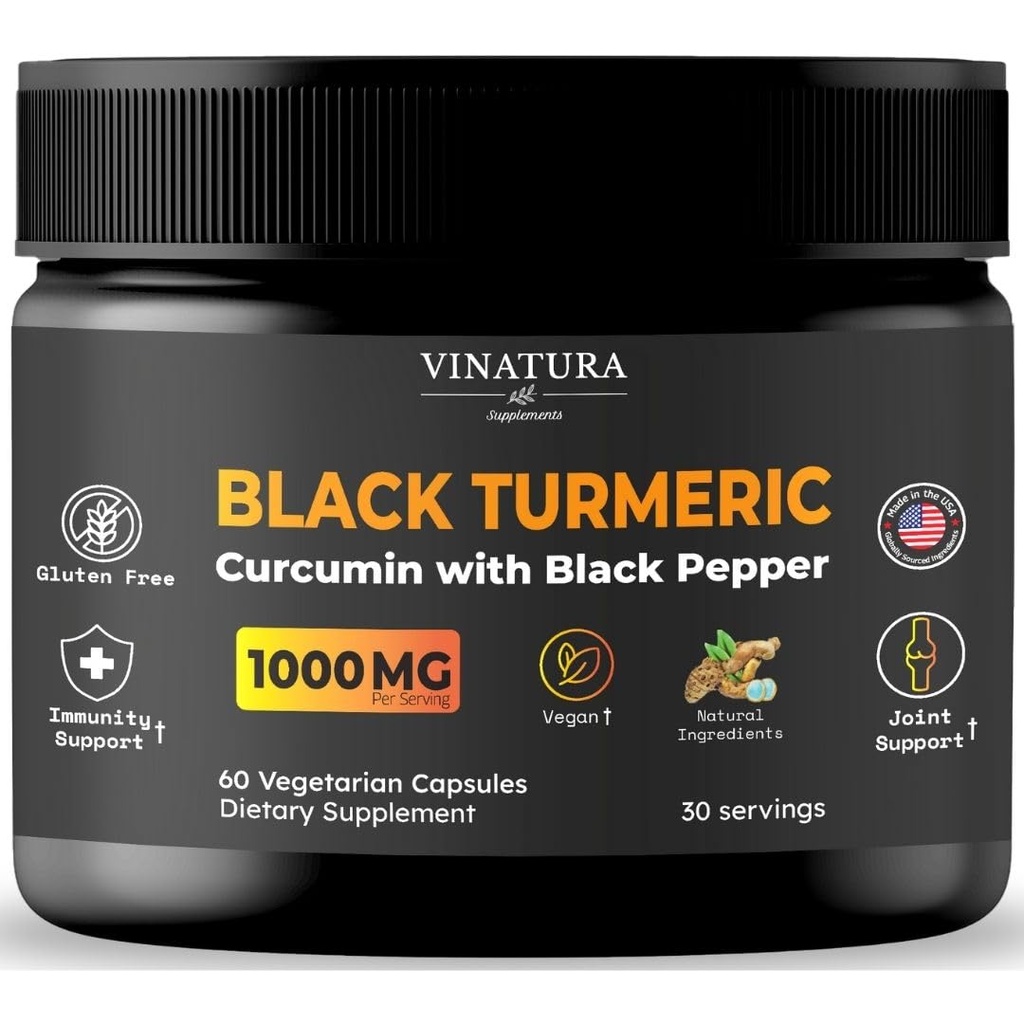 VINATURAブラックターメリック、ブラックペッパー1000mgとクルクミン - ターメリックブラックとターメリッククルクミン - Curcuma Caesia、Curcuma Longa、ブラックペッパー95%パイプリン - 60カプセル30サービング