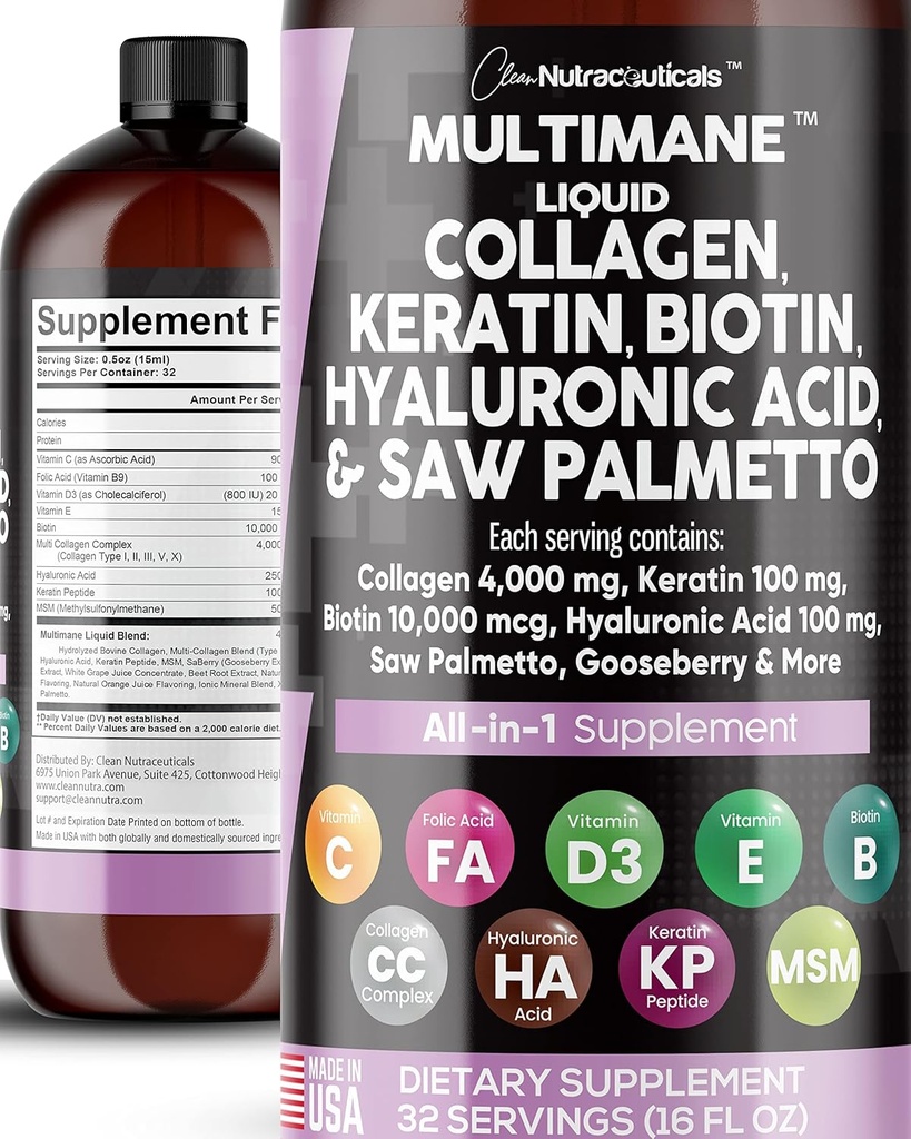 きれいなNutraceuticalsの液体のコラーゲン4000mgのBiotin 10000mcgのケラチン100mgはPalmettoのHyaluronic酸100mg -米国で作られたビタミンD3 MSM 50mgの毛皮及び釘のビタミン及びDHTのブロッカー- 16 Fl. Ozを支持します