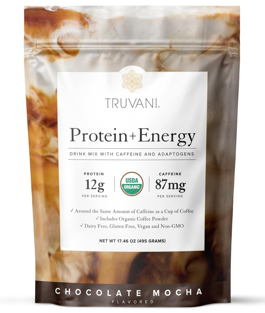 Truvani Protein + Energy Drink Mix with 87mgカフェイン | チョコレートモチャ | 12g オーガニック植物由来プロテイン | 20 調味料 | オーガニックコーヒーパウダー&添加物 | グルテンフリー・乳製品 | ヴィーガン