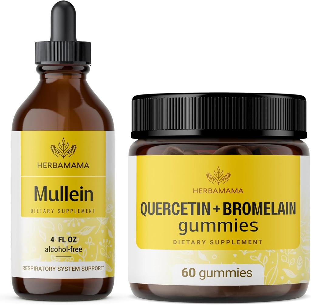 HERBAMAMA Mulleinの葉のエキスおよびケルセチンのグミーのキット-Mulleinの葉の低下の束4のflのozおよびBromelainのグミーとの800のmgのケルセチン-ビーガン、非GMO、アルコールなし- 2のパック