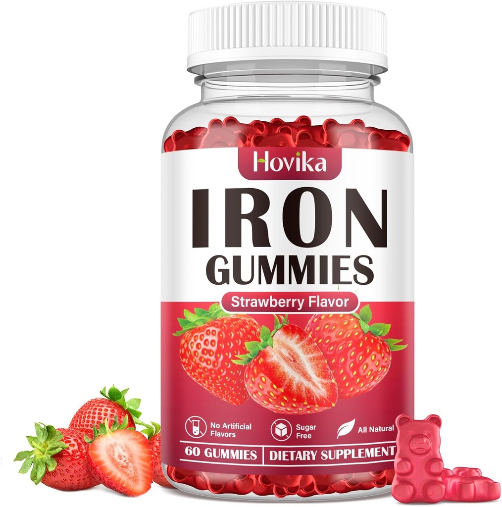 Iron Gummies Supplement for Women & Men, Kids Iron Supplements for Anemia with Vitamin C, B12, Folate - Blood Builder & Energy Support for Iron Deficiency - Sugar Free Strawberry Flavor, 60 Gummies