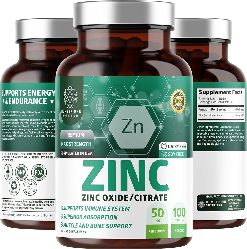 N1Nプレミアム亜鉛50mg [3X吸収, ビーガン] 免疫サポートのためのすべての天然亜鉛酸化物とクエン酸塩サプリメント, 皮膚の健康とより良い消化, 100錠
