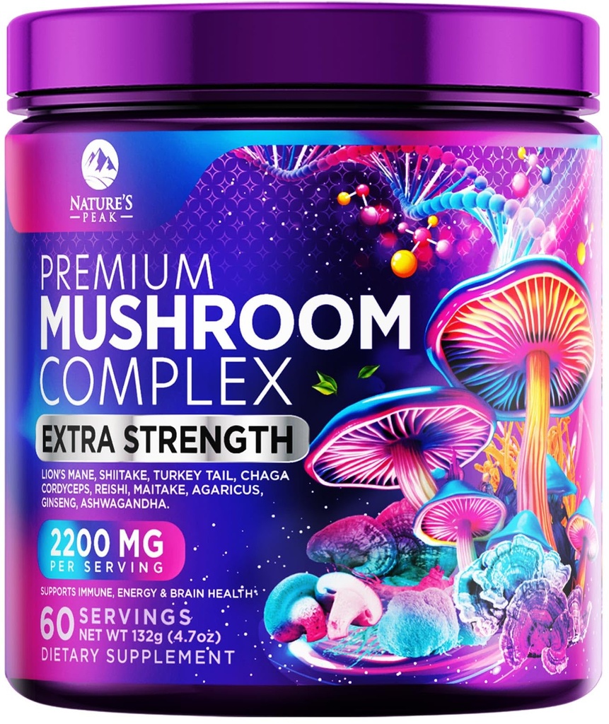 きのこの補足の粉2200mg - 有機ライオンのマネ、Reishi、Cordyceps、Chaga、トルコの尾のきのこのエキスの補足の記憶及び頭脳サポート- 60のサービングが付いている1つの複雑な方式の粉11