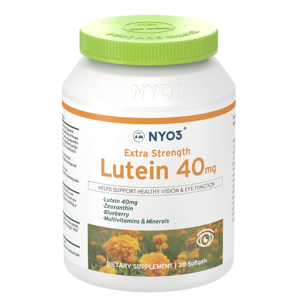 NYO3 ルテイン & ゼアキサンチン 40mg with ブルーベリー, 30 Softgels Eyes Vitamin and Mineral Supplement – Eye $ Vision Health | 抗酸化サポート