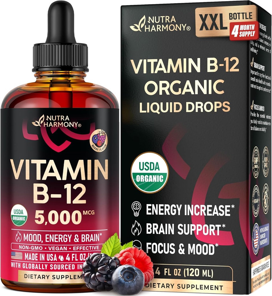 USDA Organic Vitamin B12 Sublingual Drops - 5000 mcg Liquid Vegan Methylcobalamin for Women & Men - Energy Boost, Focus & Mood, Brain Health Support - Maximize Absorption - 4 Month Supply, 4 fl oz