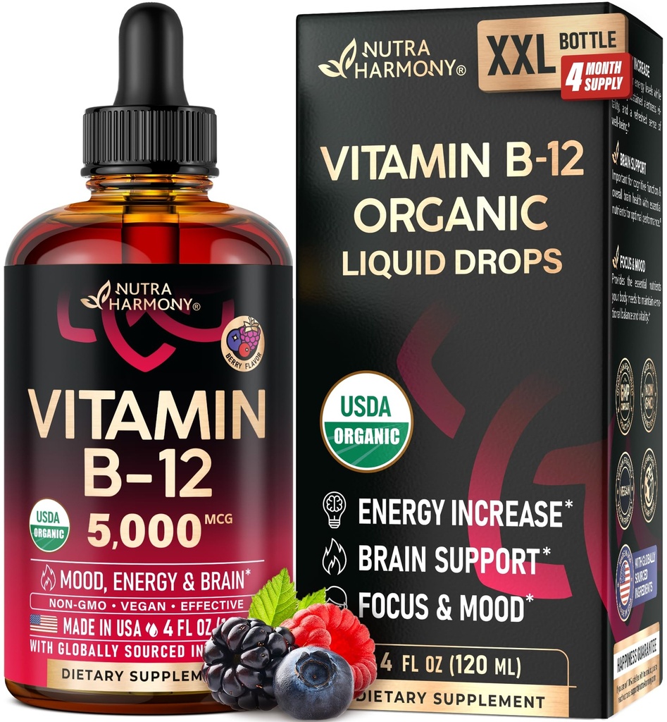 USDAの有機性ビタミンB12のSublingual低下-女性及び人のための5000のmcgの液体のビーガンMethylcobalamin - エネルギー ブースト、焦点及び気分、頭脳の健康サポート-吸収を最大にして下さい- 4か月の供給、4つのflのoz