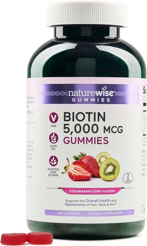 NatureWiseビオチンガミー - ヘルシーな髪、皮膚、強力な爪をサポート - ビタミンB7 5000mcg - ナチュラルビューティー - イチゴキウイ味 - ビーガン、非GMO、グルテンフリー - 180カウント[90日の供給]