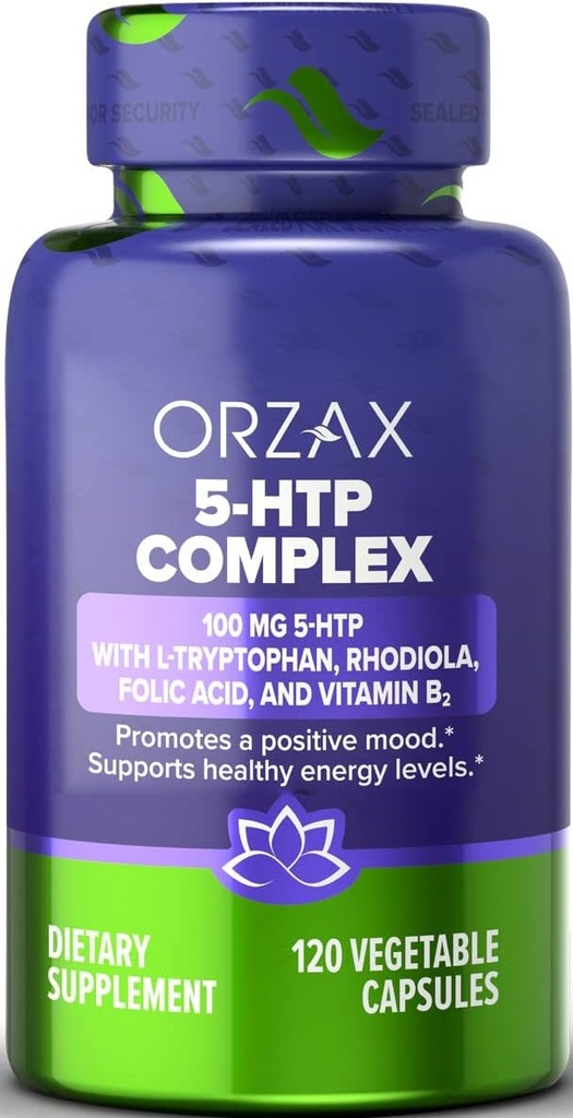 L-Tryptophan、Rhodiola、ビタミンB2、およびFollicの酸のORZAX 5-HTP 200mgの補足のカプセル-サポートVitalityおよび内部の平和はサービング、120のカプセルごとの100mg 5HTPを補います
