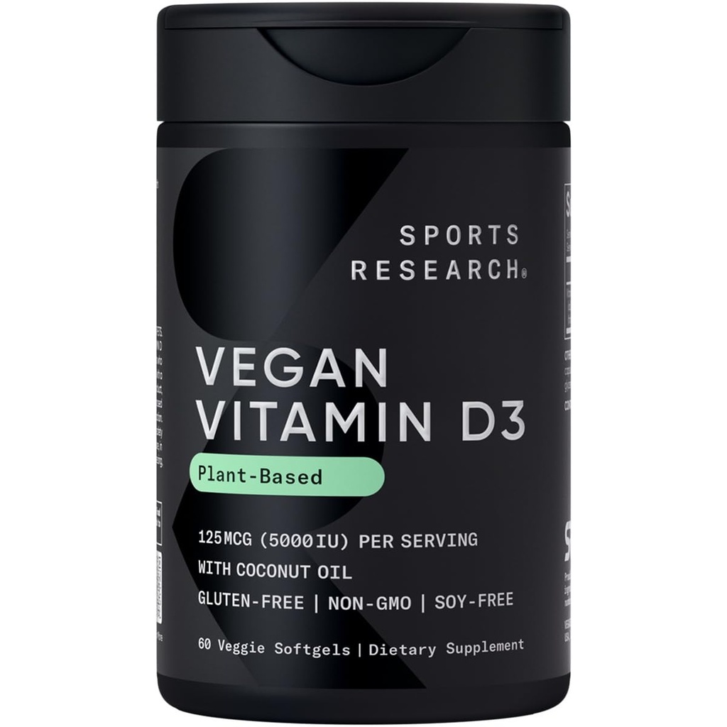 スポーツ研究ビーガンビタミンD3 5000IU(125 mcg)ココナッツオイルで | 100%植物ベースのビタミンD for Bone、ジョイント&免疫サポート | カラギーナンフリー、ビーガン認定&非GMO検証(60 Softgels)