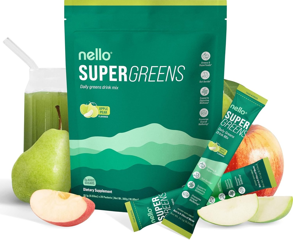 クロレラ、モリンガ、ほうれん草、ブロッコリー、消化酵素、プロバイオティックスとNello Supergreens Superfood Drink Mix - Apple Pear Flavor、20サービング、旅行パック