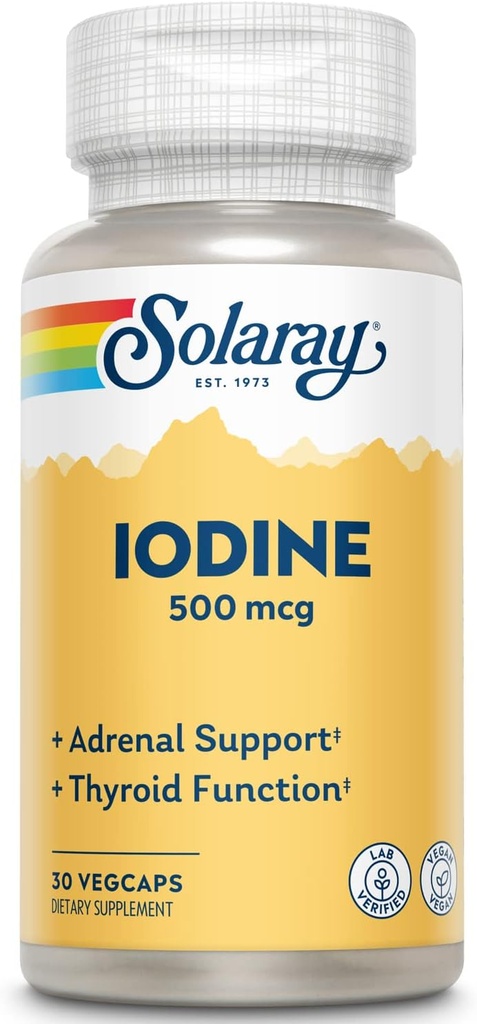 Solaray Iodine 500 mcg, 健康な副腎および甲状腺サポートのためのイオダインサプリメント, エネルギー, 代謝, 焦点, カリウムイオドイド, ビーガン, 60 日返金保証, 30 サービング, 30 VegCaps
