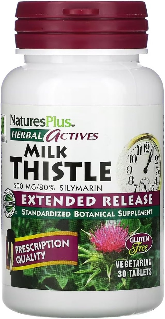 Natures Plus Herbal Actives Milk Thistle - 500mg、80% Silymarin、30ベジタリアンタブレット - Gluten-Free - 30サービング
