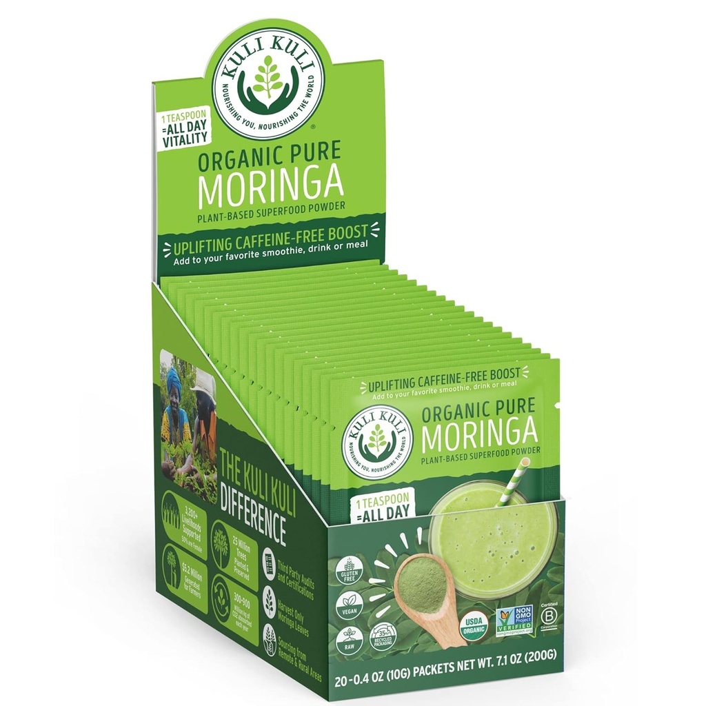 Kuli Kuli Kuli Moringa Oleifera有機リーフパウダー&グリーンスムージー、100%純粋なUSDA認定&非GMOモリンガパウダー、スムージー、紅茶、食品、0.4オンス、20(KK PM)のパック